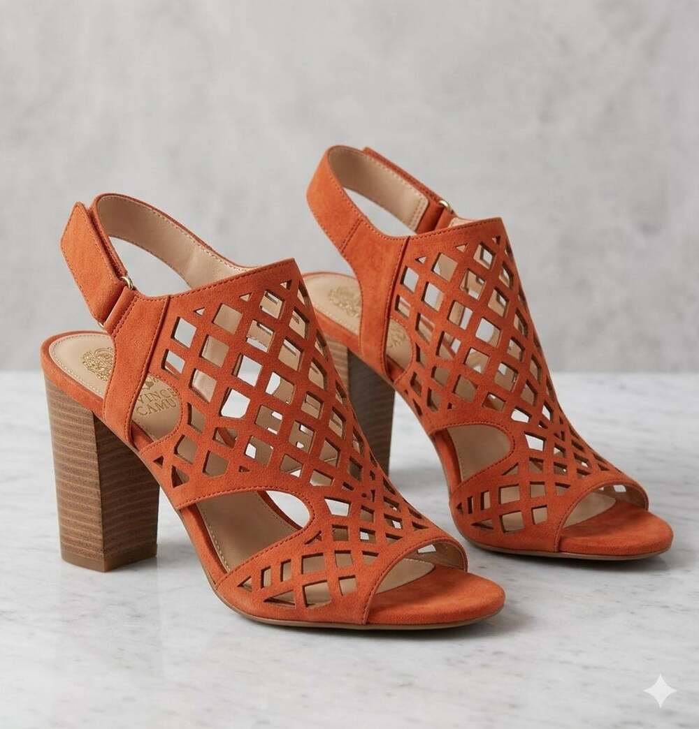 Vince Camuto VC-Deverly Candied Yam Elko Nubuck Cutout Block Heel Sandals 9.5M
